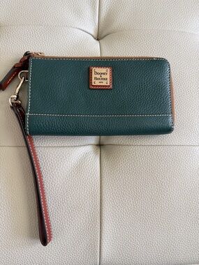 Dooney & Bourke Dark Green Pebbled Leather Wristlet with Brown Trim